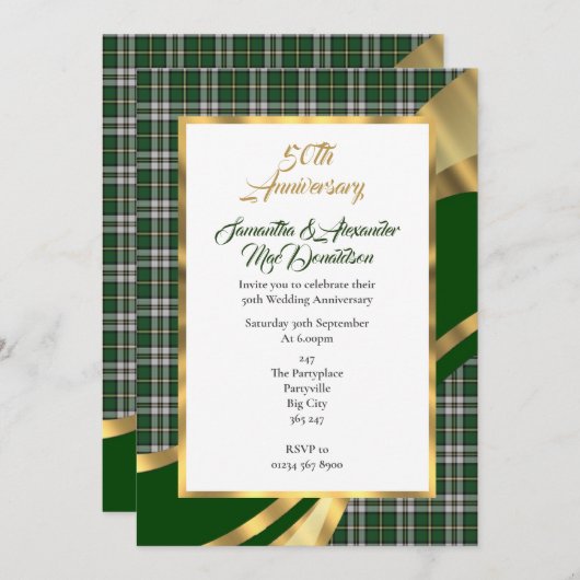 Invitation Noces d'or de tartan écossais vert (Devant / Derrière)