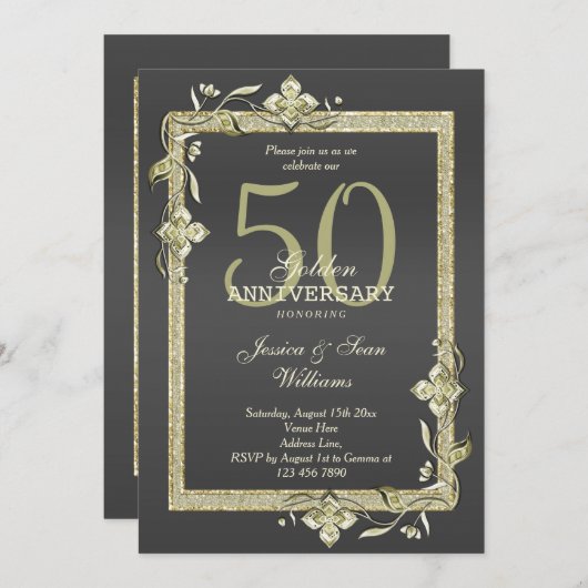 Invitation Noces d'Or Gold Gem & Glitter 50e anniversaire de (Devant / Derrière)
