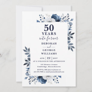 Invitation Noces d'or Monogramme floral bleu marine