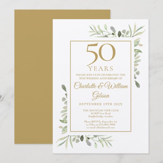Invitation Noces d'or rustiques 50 ans de mariage avec feuill (Devant / Derrière)