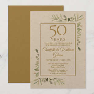 Invitation Noces d'or rustiques 50 ans de mariage avec feuill