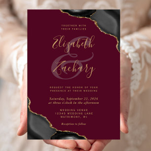 Invitation Noces en agate aux coins bordeaux et or noir
