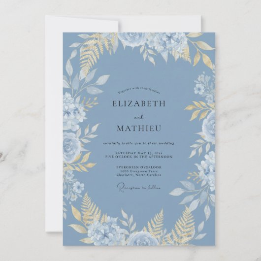 Invitation Noces Feuilles Dorées Bleuet (Devant)