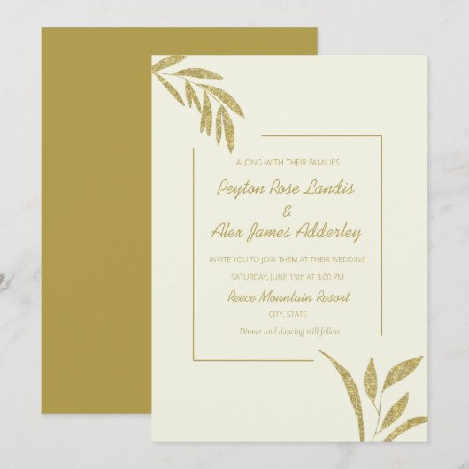 Invitation Noces feuilles dorées crème vert olive moderne (Devant / Derrière)