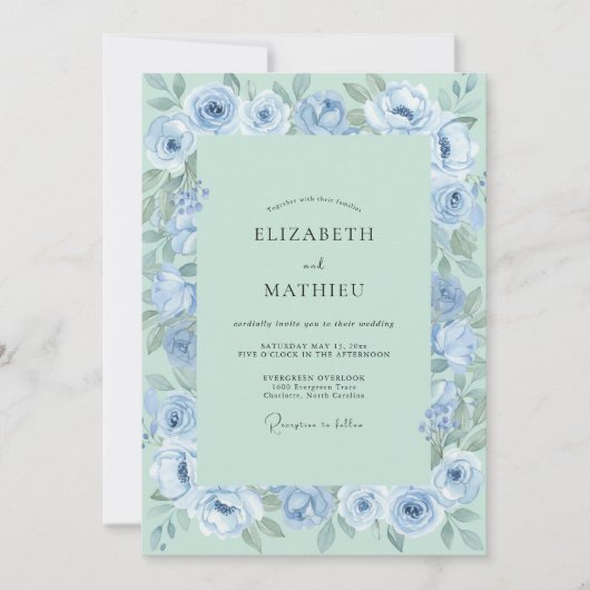 Invitation Noces Fleurales Éthérées Bleuet Menthe (Devant)