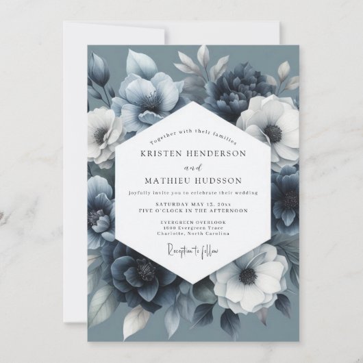 Invitation Noces Fleurie Bleu Ardoise Maussade (Devant)