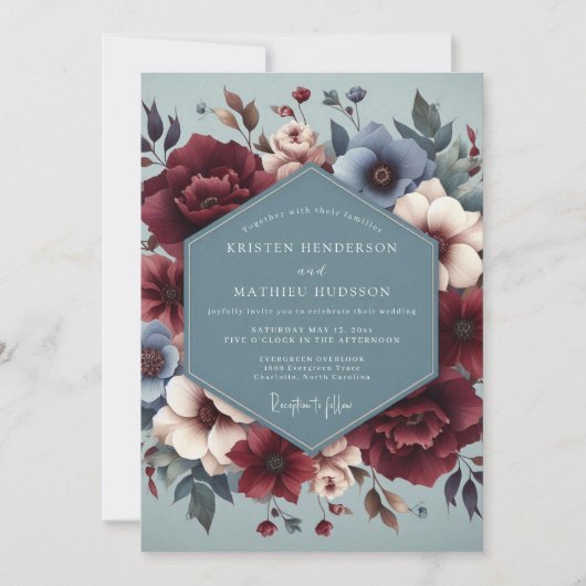 Invitation Noces Fleurie de Bourgogne Bleu Ardoise (Devant)
