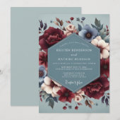 Invitation Noces Fleurie de Bourgogne Bleu Ardoise (Devant / Derrière)