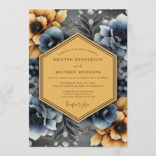 Invitation Noces Fleurie Ocre Bleu Ardoise (Devant)