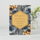 Invitation Noces Fleurie Ocre Bleu Ardoise (Debout devant)