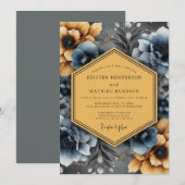 Invitation Noces Fleurie Ocre Bleu Ardoise (Devant / Derrière)