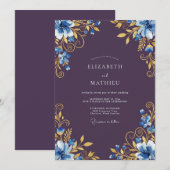 Invitation Noces Fleurie Or Bleu Romance (Devant / Derrière)