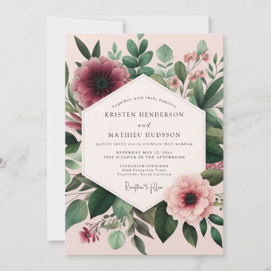 Invitation Noces Fleurs de Teint Bourgogne (Devant)
