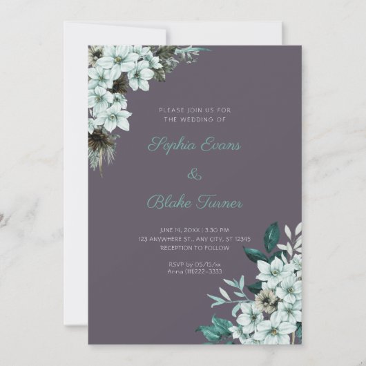Invitation Noces Fleurs Vertes Rustiques Bohème Gris Fumée (Devant)