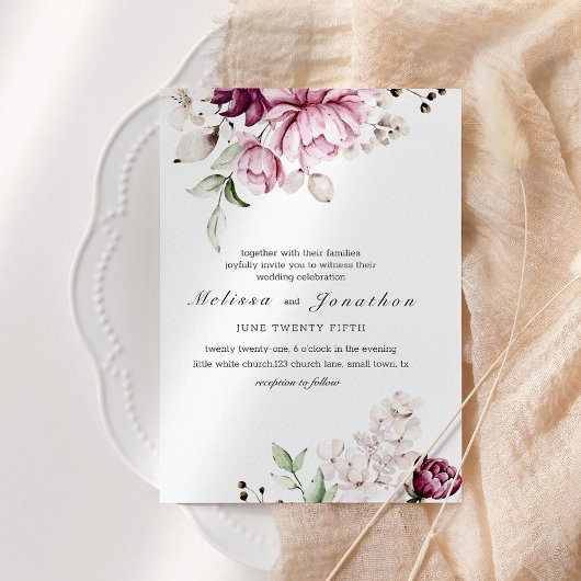 Invitation Noces Florales de Pivoines Rose Bourgogne