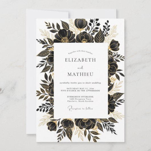 Invitation Noces florales glamour or noir (Devant)