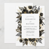 Invitation Noces florales glamour or noir (Devant / Derrière)