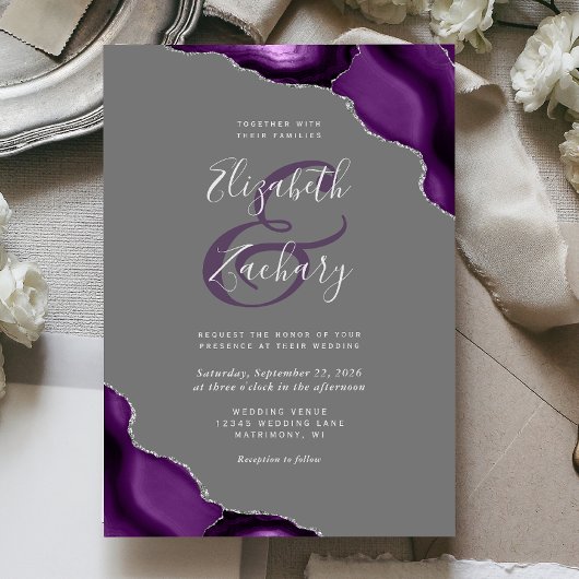 Invitation Noces Grises Coins d'Agate Argent Violet