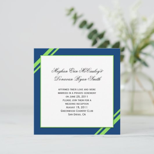 Invitation Noces mariées bleu marine et vert citron rayé (Debout devant)