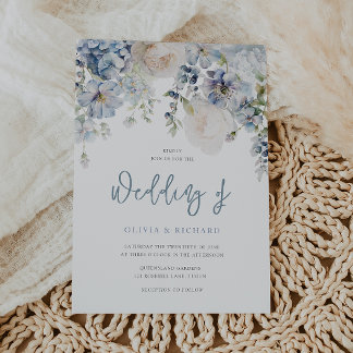 Invitation Noces Moderne Fleurs Bleu Poussiéreux & Blanc