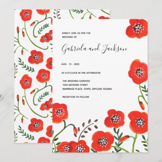 Invitation Noces modernes de coquelicots rouges floraux (Devant / Derrière)