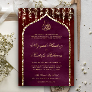 Invitation Noces musulmanes avec arche à paillettes bordeaux