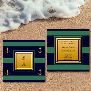Invitation Noces nautiques bleu marine vert rayures ancre