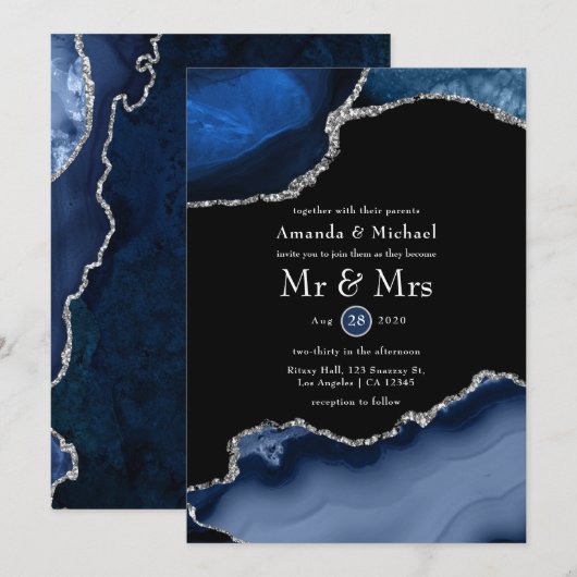 Invitation Noces Navy et Agate Argent (Devant / Derrière)