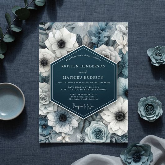 Invitation Noces Nocturne Fleur Bleu Ardoise