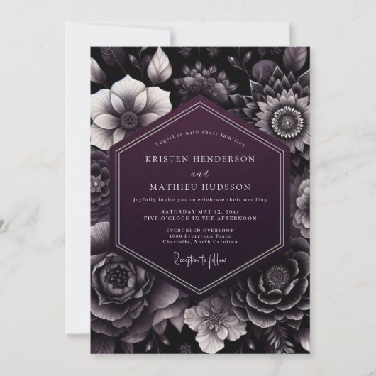 Invitation Noces Nocturne Florale Foncé de Prune (Devant)