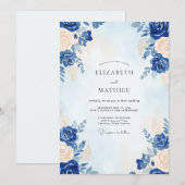 Invitation Noces Pétales de Crème de Cobalt (Devant / Derrière)