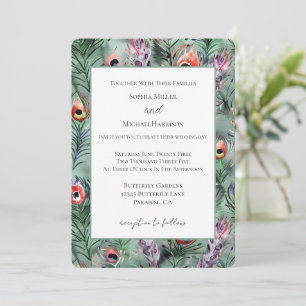 Invitation Noces Plumes de Paon Vert Rouge