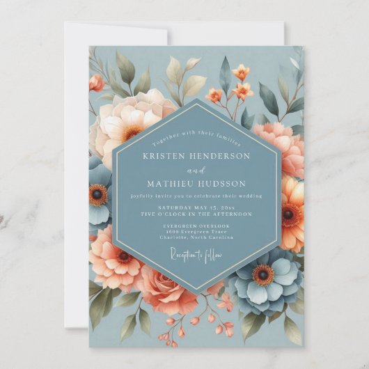 Invitation Noces Romantiques Bleu Acier et Pêche (Devant)