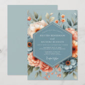 Invitation Noces Romantiques Bleu Acier et Pêche (Devant / Derrière)