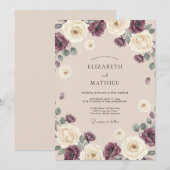 Invitation Noces Romantiques Fleur de Crème de Prune (Devant / Derrière)