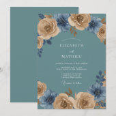 Invitation Noces Romantiques Fleur de Thé Vert Doré (Devant / Derrière)
