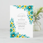 Invitation Noces Romantiques Fleur Jaune Sarcelle (Debout devant)