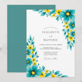 Invitation Noces Romantiques Fleur Jaune Sarcelle (Devant / Derrière)