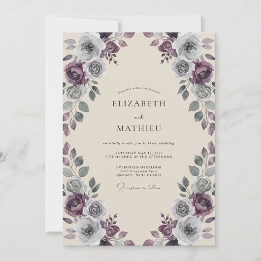 Invitation Noces Rose Antique Ardoise Prune (Devant)