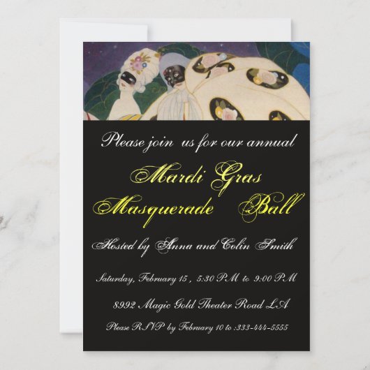 INVITATION NOCTURNE AVEC MASQUES, MASQUERADE MARDI GRAS (Dos)