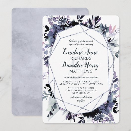 Invitation Nocturne Floral Argent Gem Dusty Blue Mariage (Devant / Derrière)
