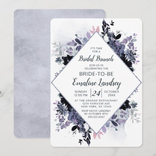 Invitation Nocturne Floral Chic Diamond Bridal Brunch Douche (Devant / Derrière)