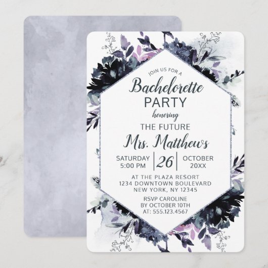 Invitation Nocturne Floral Hexagon Frame Bachelorette (Devant / Derrière)