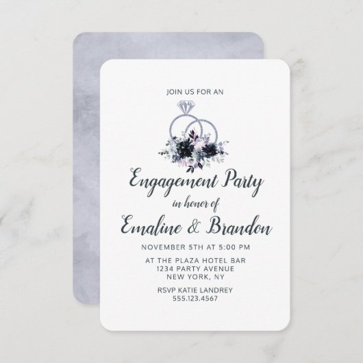 Invitation Nocturne Floral Mariage Bagues (Devant / Derrière)