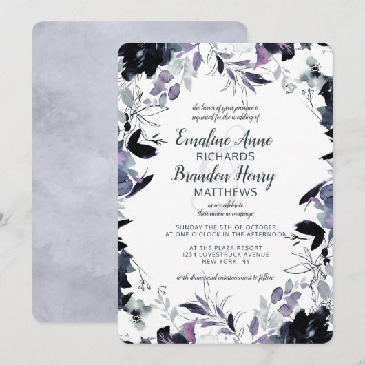 Invitation Nocturne Floral Marine Dusty Mariage frontière ble (Devant / Derrière)