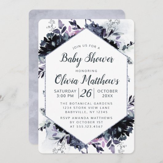Invitation Nocturne Floral Navy Bleu & Gris bébé fille Douche (Devant / Derrière)