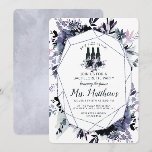 Invitation Nocturne Floral Pop Fizz Clink Bachelorette Party (Devant / Derrière)