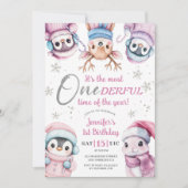 Invitation Noël 1er anniversaire mignon Animaux d'hiver roses (Devant)