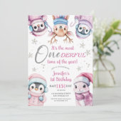 Invitation Noël 1er anniversaire mignon Animaux d'hiver roses (Debout devant)