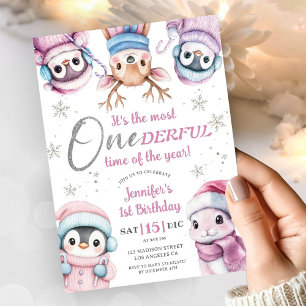 Invitation Noël 1er anniversaire mignon Animaux d'hiver roses
